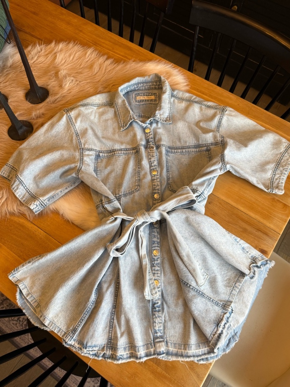 We The FreeI Light Wash Denim Shirt Dress with Tie Waist